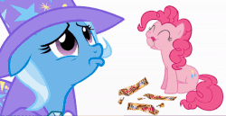 Size: 568x293 | Tagged: safe, pinkie pie, trixie, g4, animated, candy, clothes, eating, eye shimmer, female, food, gif, hat, lip quiver, sad, simple background, trixie's hat, twix, white background