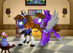 Size: 3109x2274 | Tagged: safe, artist:raspberrystudios, oc, oc only, oc:nightwind, oc:pikamay, pegasus, pony, amputee, augmented, clothes, commission, female, fire, fireplace, flower, high res, maid, male, picture frame, prosthetic limb, prosthetic wing, prosthetics, seduction, straight, tail seduce, vase