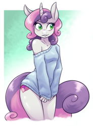 Size: 1050x1425 | Tagged: safe, artist:ambris, sweetie belle, unicorn, anthro, adorasexy, bare shoulders, beautiful, beautisexy, blushing, bottomless, breasts, clothes, covering, curved horn, cute, diasweetes, female, grin, horn, mare, morning ponies, nudity, off shoulder, off shoulder sweater, older, older sweetie belle, partial nudity, raised eyebrow, sexy, shirt, shirt pull, small breasts, smiling, solo, stupid sexy sweetie belle, sweater, sweater belle, teenager, thighs