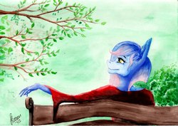 Size: 2560x1813 | Tagged: safe, artist:stirren, oc, oc only, anthro, bench, solo, traditional art, tree