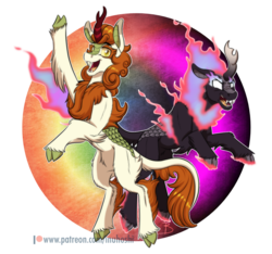 Size: 1024x959 | Tagged: safe, artist:inuhoshi-to-darkpen, autumn blaze, kirin, nirik, sounds of silence, blank eyes, cloven hooves, fangs, female, mane of fire, open mouth, rearing, simple background, transparent background