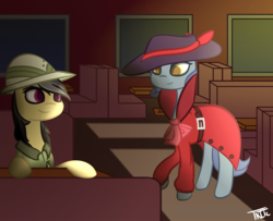 Size: 5000x4066 | Tagged: safe, artist:those kids in the corner, daring do, pegasus, pony, g4, absurd resolution, booth, carpet, clothes, dark, duo, duo female, female, hat, mare, meeting, shadow spade, shadow spade is real, sitting, smiling, standing, window