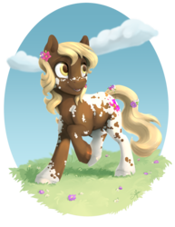 Size: 927x1200 | Tagged: safe, artist:silfoe, oc, oc only, oc:goldenleaf, earth pony, pony, appaloosa, commission, female, flower, flower in hair, flower in tail, mare, raised hoof, simple background, solo, transparent background