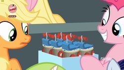 Size: 1920x1080 | Tagged: source needed, safe, screencap, applejack, fluttershy, moonlight raven, pinkie pie, earth pony, pegasus, pony, unicorn, g4, season 8, the washouts (episode), "scootaloo's super-difficult stunt" special cupcakes, bake it like buddy, cupcake, cute, diapinkes, discovery family logo, female, food, frosting, grin, hoof hold, scooter, smiling