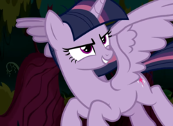 Size: 957x696 | Tagged: safe, screencap, mean twilight sparkle, alicorn, pony, g4, the mean 6, clone, cropped, evil grin, female, flying, grin, mare, scary face, scheming, sinister, smiling, solo, spread wings, wings