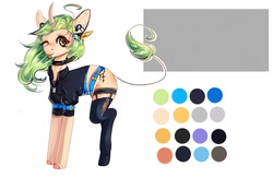 Size: 2300x1500 | Tagged: artist needed, safe, oc, oc only, oc:endernia, pony, clothes, green mane, horn, piercing, reference sheet, solo, stockings, thigh highs
