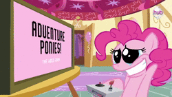 Size: 640x360 | Tagged: safe, screencap, applejack, discord, fluttershy, pinkie pie, rainbow dash, rarity, twilight sparkle, draconequus, dragon, hydra, pony, unicorn, g4, official, 8-bit, adventure ponies, animated, artifact, commercial, hub logo, hub network, it could happen, mane six, multiple heads, only on the hub, promo, sound, the hub, unicorn twilight, video game, webm, youtube link