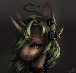 Size: 1473x1408 | Tagged: artist needed, safe, oc, oc only, oc:endernia, pony, bust, collar, green mane, horn, piercing, solo