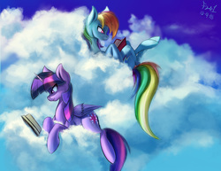 Size: 2000x1543 | Tagged: safe, artist:foughtdragon01, rainbow dash, twilight sparkle, alicorn, pegasus, pony, g4, book, cloud, cutie mark, duo, female, hooves, horn, lying on a cloud, mare, on a cloud, on back, prone, reading, sky, smiling, twilight sparkle (alicorn), wings