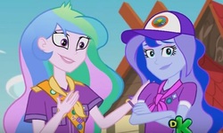 Size: 2048x1225 | Tagged: safe, screencap, princess celestia, princess luna, principal celestia, vice principal luna, equestria girls, g4, legend of everfree, baseball cap, camp everfree, camp everfree logo, camp everfree outfits, cap, cropped, crossed arms, discovery kids, hand on chest, hand on shoulder, hat, sash, smiling