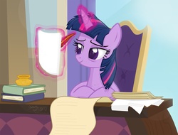 Size: 2832x2148 | Tagged: safe, artist:shutterflyeqd, twilight sparkle, alicorn, pony, g4, bags under eyes, book, chair, female, glowing horn, high res, horn, inkwell, levitation, magic, paper, quill, quill pen, scroll, sitting, solo, telekinesis, tired, twilight sparkle (alicorn)
