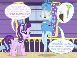 Size: 8000x6000 | Tagged: safe, alternate version, artist:ithinkitsdivine, starlight glimmer, trixie, pony, unicorn, g4, absurd resolution, bladder gauge, blushing, bondage, butt, chains, desperation, dialogue, duo, duo female, eyes closed, female, fetish, gritted teeth, hanging, hanging upside down, icing bag, imminent scat, imminent watersports, need to pee, need to poop, omorashi, plot, potty emergency, potty time, show accurate, straitjacket, suspended, sweat, this will end in tears, tied up, trixie's wagon, upside down