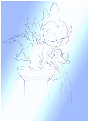 Size: 767x1042 | Tagged: safe, artist:sherwoodwhisper, gummy, spike, alligator, dragon, g4, duo, eyes closed, fountain, gradient background, male, monochrome, pose, winged spike, wings