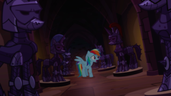 Size: 1440x810 | Tagged: safe, screencap, rainbow dash, pegasus, pony, castle mane-ia, g4, armor, castle of the royal pony sisters, female, hallway, mare, raised hoof, solo