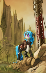 Size: 2627x4155 | Tagged: safe, artist:rublegun, oc, oc only, oc:homage, pony, unicorn, fallout equestria, city, clothes, fanfic, fanfic art, female, hooves, horn, looking back, mare, purple eyes, raised hoof, ruins, saddle bag, scenery, solo, wasteland