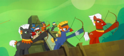 Size: 1437x654 | Tagged: safe, screencap, boulder crush, cenote diver, cottonwood spear, jaguarundi, river rapids, rusty spear, spiral serpent, temple lance, earth pony, pony, daring don't, g4, arrow, aztec, background pony, bow (weapon), bow and arrow, dexterous hooves, face paint, fortress of talacon, magnetic hooves, male, mouth hold, short tail, stairs, stallion, tribal pony, weapon