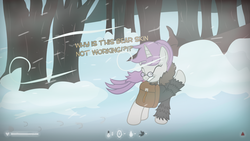 Size: 1920x1080 | Tagged: safe, artist:darkstorm619, oc, oc only, oc:snappy edit, pony, blizzard, clothes, dialogue, game hud, glasses, hud, saddle bag, simple background, snow, snowfall, solo, the long dark