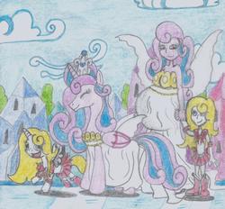 Size: 1438x1333 | Tagged: safe, artist:nephilim rider, princess flurry heart, oc, oc:gleaming grace, alicorn, human, pony, equestria girls, g4, alicorn oc, belly, chibiusa, child, clothes, cosplay, costume, equestria girls-ified, eyes closed, female, filly, flying, holding hands, human ponidox, mama flurry, mother and child, mother and daughter, multiple pregnancy, neo queen serenity, offspring, offspring's offspring, older, older flurry heart, parent:oc:shimmering glow, parent:princess flurry heart, parents:canon x oc, pregnant, queen serenity, sailor moon (series), self ponidox, smiling, traditional art