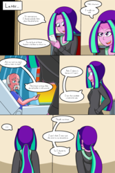 Size: 1050x1575 | Tagged: safe, artist:jake heritagu, aria blaze, oc, oc:smooth tone, comic:aria's archives, comic:nursing home, equestria girls, g4, chair, clothes, comic, curtains, dialogue, female, hoodie, male, mother and son, offspring, parent:aria blaze, phone, speech bubble, window