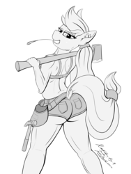 Size: 3000x4000 | Tagged: safe, artist:pedalspony, applejack, earth pony, anthro, plantigrade anthro, g4, applebutt, applejacked, ass, axe, bedroom eyes, booty shorts, bra, butt, clothes, denim shorts, dimples of venus, dock, female, fit, hammer, kinktober, kinktober 2018, looking at you, looking back, monochrome, muscles, pinup, shorts, toolbelt