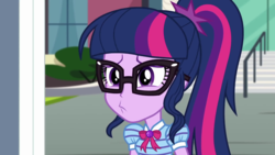 Size: 1280x720 | Tagged: safe, screencap, sci-twi, twilight sparkle, equestria girls, equestria girls series, g4, text support, text support: rarity, adorkable, confused, cute, dork, faic, female, geode of telekinesis, glasses, ponytail, solo, twiabetes
