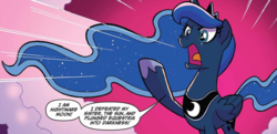 Size: 1081x522 | Tagged: safe, artist:tonyfleecs, idw, official comic, nightmare moon, princess luna, alicorn, pony, g4, nightmare knights, spoiler:comic, spoiler:comicnightmareknights01, ethereal mane, female, mare, open mouth, solo, speech bubble, traditional royal canterlot voice