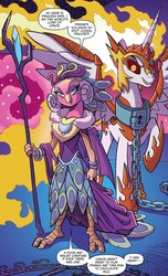 Size: 1080x1778 | Tagged: safe, artist:tonyfleecs, idw, official comic, daybreaker, princess eris, alicorn, pony, sarimanok, g4, nightmare knights, spoiler:comic, spoiler:comicnightmareknights01, antagonist, armor, chains, chaos, collar, duo, female, fire, flame eyes, helmet, mane of fire, mare, robes, speech bubble, staff, staff of sacanas, wingding eyes