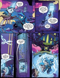 Size: 1172x1537 | Tagged: safe, artist:tony fleecs, idw, official comic, doctor caballeron, princess luna, stygian, alicorn, pony, unicorn, g4, nightmare knights, spoiler:comic, spoiler:comicnightmareknights01, comic, elevator, escape, ethereal mane, female, glowing horn, horn, magic, male, mare, scissors, stallion, starry mane