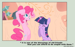 Size: 1120x713 | Tagged: source needed, useless source url, safe, artist:egophiliac, pinkie pie, twilight sparkle, earth pony, pony, unicorn, g4, bipedal, commission, cute, duo, female, friendship, golden oaks library, laughing, mare, quote, ralph waldo emerson, silly, silly face, silly pony, tongue out, unicorn twilight