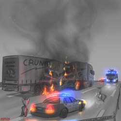 Size: 2000x2000 | Tagged: safe, artist:orang111, oc, earth pony, pony, accident, car, crown victoria, fire, fire engine, ford, high res, inktober, man tgx, monochrome, police car, police officer, semi truck, truck, volvo fh
