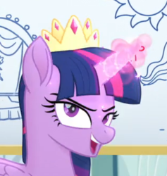 Size: 315x332 | Tagged: safe, screencap, twilight sparkle, alicorn, pony, g4, my little pony: the movie, >:d, cropped, crown, evil grin, female, glowing horn, happy, horn, jewelry, looking at you, magic, regalia, smiling, smirk, solo, twilight sparkle (alicorn)