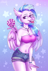 Size: 1306x1924 | Tagged: safe, artist:pur-fox stardust, silverstream, anthro, g4, belly button, breasts, busty silverstream, candy, clothes, commission, female, food, lollipop, midriff, older, sexy, shorts, simple background, solo, tongue out, tube top, ych result