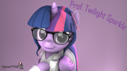 Size: 1920x1080 | Tagged: safe, artist:spinostud, sci-twi, twilight sparkle, alicorn, pony, g4, 3d, clothes, female, glasses, lab coat, looking at you, purple background, science, simple background, solo, source filmmaker, twilight sparkle (alicorn)