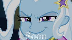 Size: 1280x714 | Tagged: safe, edit, edited screencap, screencap, trixie, equestria girls, g4, my little pony equestria girls: rainbow rocks, adorabolical, adoraevil, cropped, evil smile, female, grin, scheming, sinister, smiling, solo, soon, teaser, text, trixie's time will come