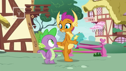 Size: 1920x1080 | Tagged: safe, screencap, smolder, spike, dragon, father knows beast, g4, pillow, ponyville, walking, winged spike, wings