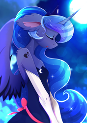 Size: 1358x1920 | Tagged: safe, artist:rariedash, princess luna, alicorn, anthro, g4, clothes, dress, ear fluff, evening gloves, eyes closed, female, gloves, long gloves, mare, night, open mouth, shoulder fluff, solo