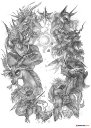 Size: 849x1200 | Tagged: safe, artist:girlsay, daybreaker, discord, king sombra, lord tirek, nightmare moon, queen chrysalis, spike, starlight glimmer, alicorn, changeling, changeling queen, draconequus, dragon, unicorn, anthro, g4, antagonist, female, grayscale, male, monochrome, patreon, patreon logo, saddle bag, simple background, sketch, smiling, white background