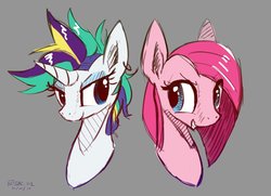 Size: 2000x1445 | Tagged: safe, artist:satv12, pinkie pie, rarity, earth pony, pony, unicorn, g4, alternate hairstyle, bust, duo, female, gray background, looking at each other, mare, pinkamena diane pie, portrait, punk, raripunk, simple background