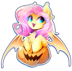 Size: 2173x2133 | Tagged: safe, artist:koveliana, fluttershy, bat pony, pony, g4, bust, chest fluff, cute, fangs, female, flutterbat, halloween, high res, holiday, jack-o-lantern, looking away, looking sideways, mare, open mouth, pumpkin, race swap, shyabates, shyabetes, simple background, smiling, solo, spread wings, transparent background, wings