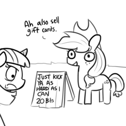 Size: 1280x1280 | Tagged: safe, artist:tjpones, applejack, twilight sparkle, earth pony, pony, unicorn, g4, black and white, dialogue, duo, female, frown, grayscale, lineart, mare, monochrome, seems legit, sign, simple background, speech, unicorn twilight, white background