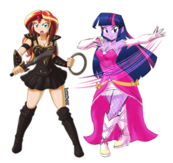 Size: 3072x2896 | Tagged: safe, artist:danmakuman, edit, editor:backgroundlol, sunset shimmer, twilight sparkle, human, equestria girls, g4, alternate clothes, alternate universe, armor, armor skirt, armpits, boots, chakram, clothes, dress, female, high res, humanized, lesbian, princess, ship:sunsetsparkle, shipping, shoes, simple background, skirt, sword, weapon, xena