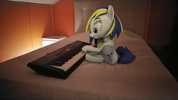 Size: 1920x1080 | Tagged: safe, artist:nebulafactory, oc, oc:skyfly, pegasus, pony, 3d, bed, cute, irl, keyboard, musical instrument, photo, piano, ponies in real life, source filmmaker