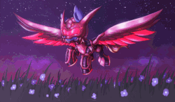Size: 800x471 | Tagged: safe, artist:shad0w-galaxy, oc, oc:ultimimega, pegasus, pony, animated, armor, artificial wings, augmented, cyberpunk, flying, gif, gift art, glowing, helmet, male, mechanical wing, night, solo, spread wings, stars, technology, wings