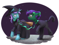 Size: 1320x1020 | Tagged: safe, artist:silfoe, oc, oc only, oc:buggy code, oc:lemon code, pony, broom, clothes, collar, commission, costume, female, glasses, halloween, hat, holiday, implied lesbian, implied shipping, leash, mare, nightmare night, simple background, smiling, transparent background, witch, witch hat