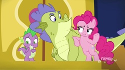 Size: 1920x1080 | Tagged: safe, screencap, pinkie pie, sludge (g4), spike, dragon, pony, father knows beast, g4, winged spike, wings