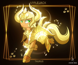 Size: 3840x3232 | Tagged: safe, artist:zidanemina, applejack, earth pony, pony, g4, anime, armor, crossover, female, god cloth, gold cloth, gold saint, helmet, high res, mare, saint seiya, taurus, zodiac