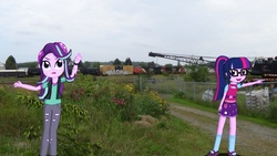 Size: 2300x1293 | Tagged: safe, artist:thomaszoey3000, sci-twi, starlight glimmer, twilight sparkle, insect, equestria girls, g4, equestria girls in real life, irl, photo, train