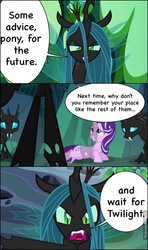 Size: 604x1019 | Tagged: safe, edit, edited screencap, screencap, queen chrysalis, starlight glimmer, changeling, changeling queen, pony, unicorn, g4, to where and back again, cell (dragon ball), comic, dragon ball, dragonball z abridged, female, goku button, implied twilight sparkle, mare, perfect cell, screencap comic, team four star, twilight button, vegeta