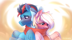 Size: 2300x1300 | Tagged: safe, artist:fenwaru, oc, oc only, oc:andrew swiftwing, oc:bay breeze, pegasus, pony, blushing, clothes, duo, duo male and female, female, male, mare, oc x oc, scarf, shared clothing, shared scarf, shipping, stallion, straight, swiftbreeze, ych result