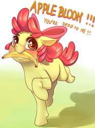 Size: 2768x3696 | Tagged: safe, artist:dankflank, apple bloom, earth pony, pony, g4, the washouts (episode), 30 minute art challenge, adorabloom, banana, bananabloom, betrayal, betrayed, blushing, bow, cute, disgrace, dishonorapple, dishonored, disowned, fangs, female, filly, floppy ears, food, fruit heresy, gradient background, hair bow, high res, implied applejack, infamous, looking at you, moral event horizon, mouth hold, nom, offscreen character, raised hoof, running, shadow, smiling, solo, text, yelling
